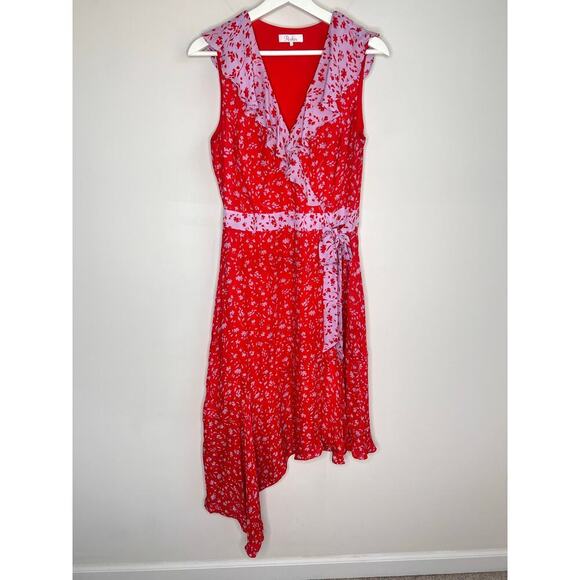 Parker Jennifer Kaia Print Ruffle Combo Wrap Midi Dress Red/Pink Women's Size 6 - Picture 3 of 10